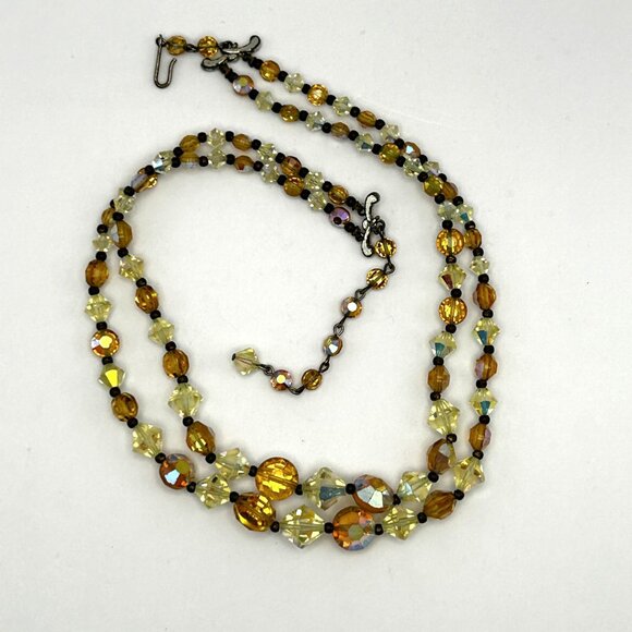 Vintage Two Strand Amber Yellow Aurora Borealis Glass Bead Facet Necklace 1950s - Picture 7 of 12